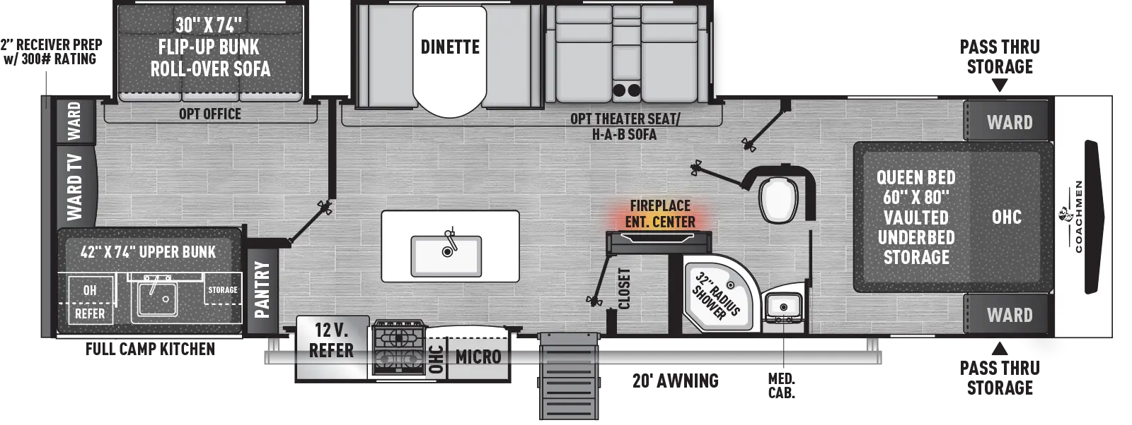 The 320BHDS has has three slideouts and one entry. Exterior features front pass-thru storage, 20 foot awning, and full camp kitchen with refrigerator, overhead cabinet, sink and storage. Interior layout front to back: foot-facing queen bed with vaulted underbed storage, overhead cabinet, and wardrobes on each side; door side 2-entry bathroom; entertainment center with fireplace along inner wall; off-door side slideout  with hide-a-bed sofa (optional theater seat) with overhead cabinets and dinette; kitchen island with sink; door side closet and shoe box, entry, slideout with kitchen counter, microwave, cooktop and refrigerator, and pantry; rear bunkroom with off-door side slideout with roll-over sofa  and flip-up upper bunk, door side upper bunk, and rear wardrobes with TV.